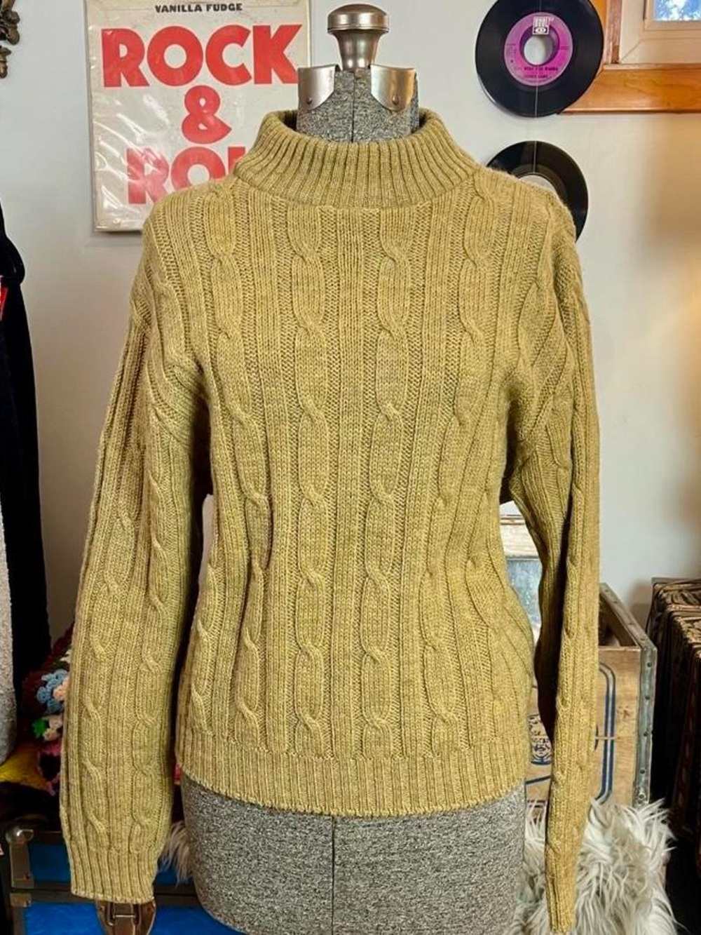 Vintage Chartreuse Wool Cable-Knit Sweater